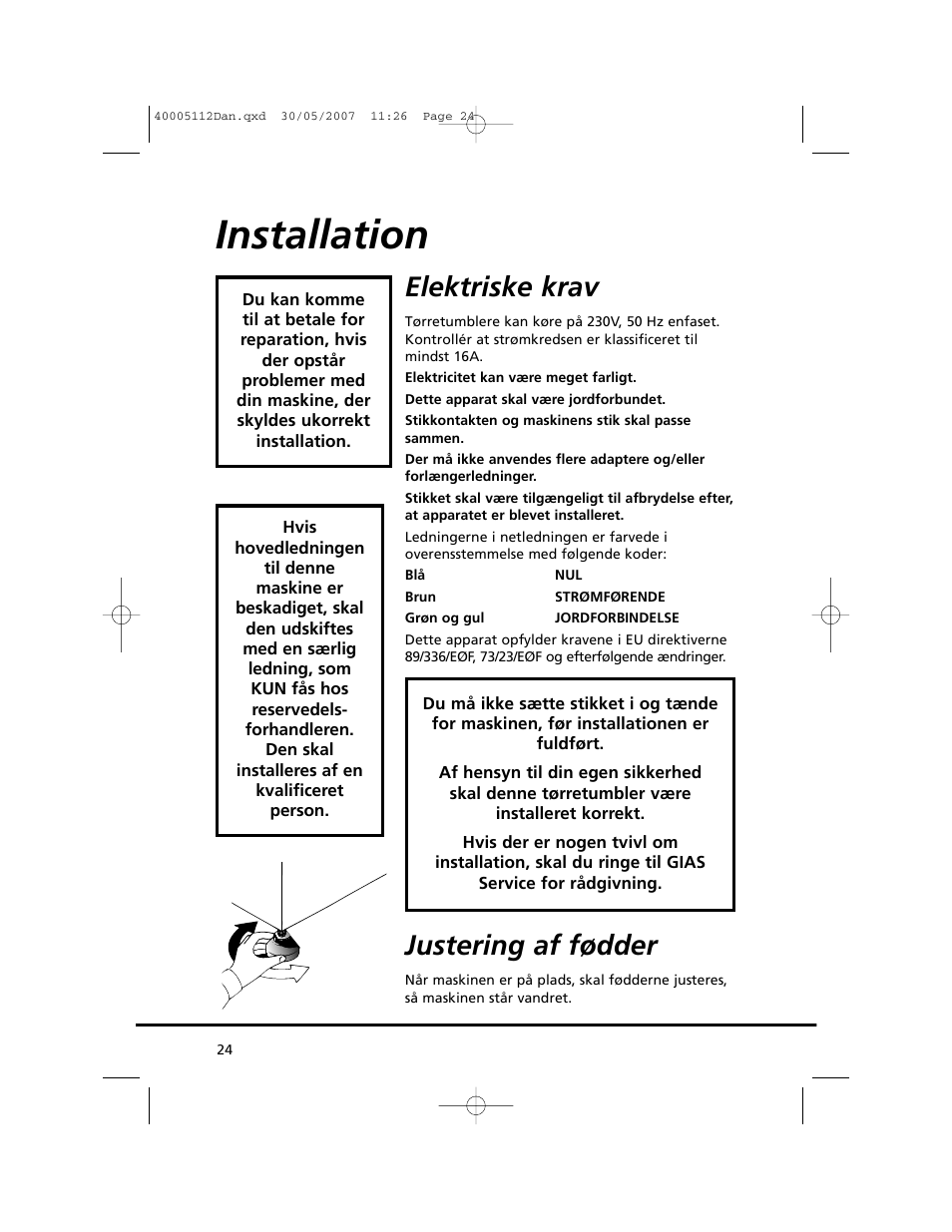 Installation, Elektriske krav, Justering af fødder | Candy GO DC 38T-86S User Manual | Page 24 / 92