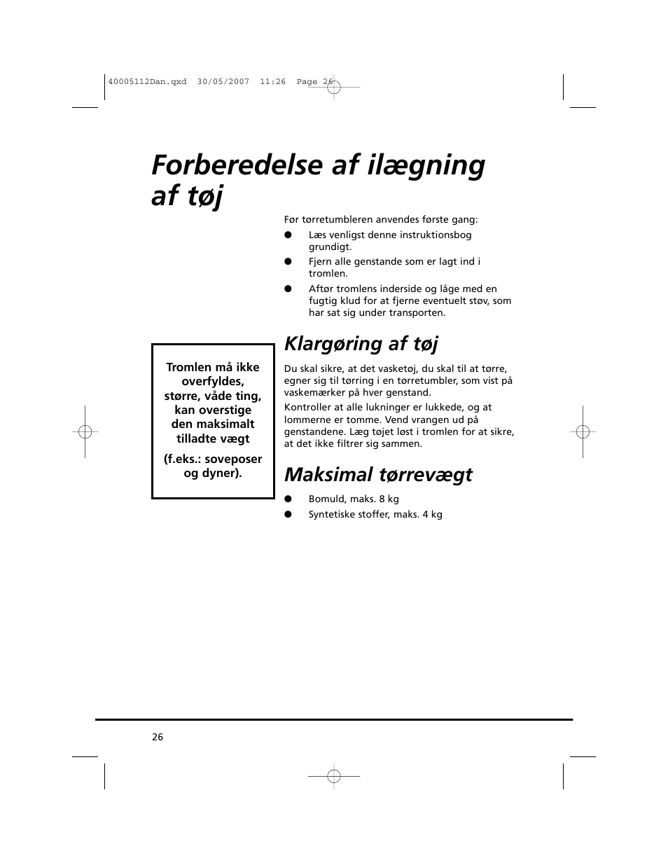 Forberedelse af ilægning af tøj, Klargøring af tøj, Maksimal tørrevægt | Candy GO DC 38T-86S User Manual | Page 26 / 92