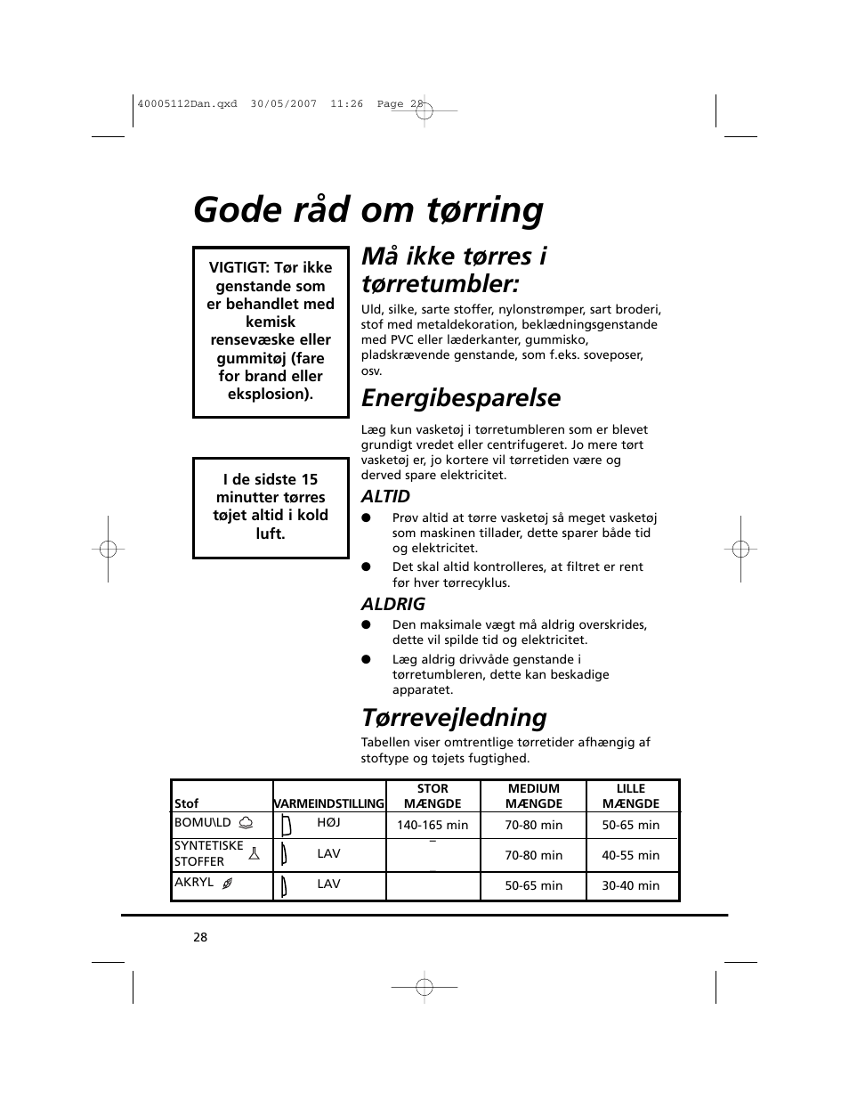 Gode råd om tørring, Må ikke tørres i tørretumbler, Energibesparelse | Tørrevejledning, Altid, Aldrig | Candy GO DC 38T-86S User Manual | Page 28 / 92