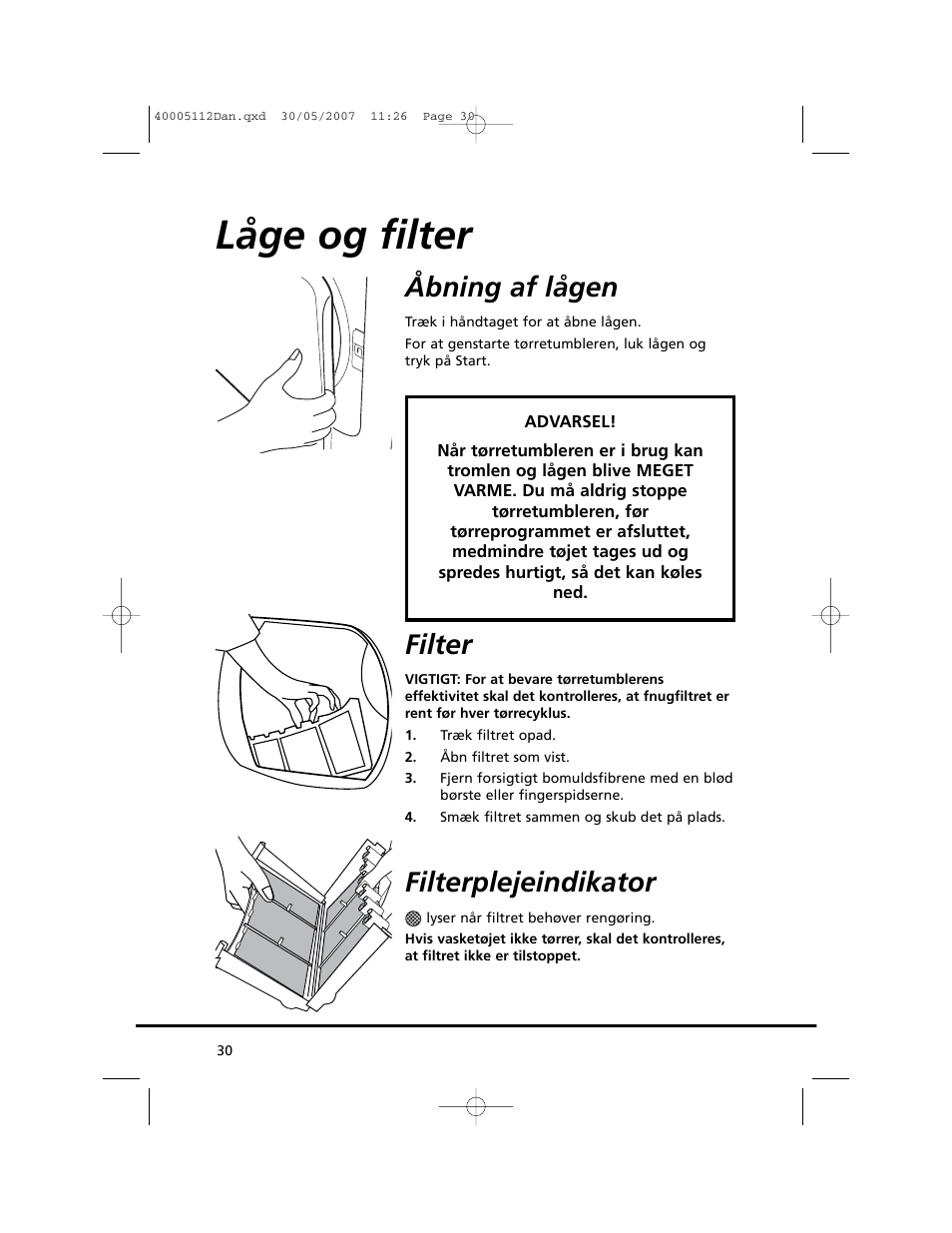 Låge og filter, Åbning af lågen, Filter | Filterplejeindikator | Candy GO DC 38T-86S User Manual | Page 30 / 92