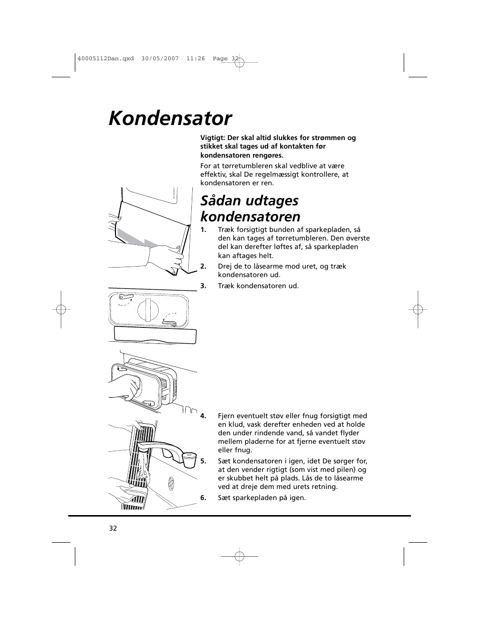 Kondensator, Sådan udtages kondensatoren | Candy GO DC 38T-86S User Manual | Page 32 / 92