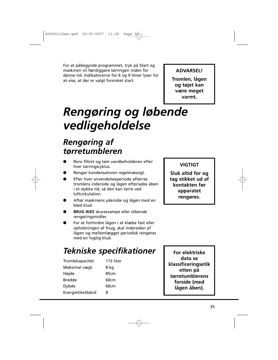 Rengøring og løbende vedligeholdelse, Rengøring af tørretumbleren, Tekniske specifikationer | Candy GO DC 38T-86S User Manual | Page 35 / 92