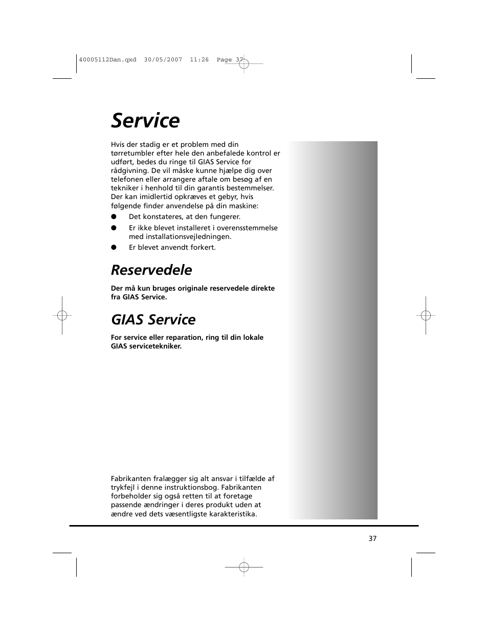 Service, Reservedele, Gias service | Candy GO DC 38T-86S User Manual | Page 37 / 92