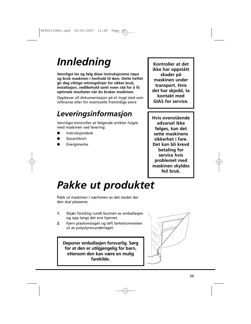 Innledning, Pakke ut produktet, Leveringsinformasjon | Candy GO DC 38T-86S User Manual | Page 39 / 92