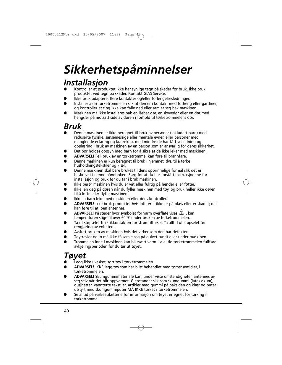 Sikkerhetspåminnelser, Installasjon, Bruk | Tøyet | Candy GO DC 38T-86S User Manual | Page 40 / 92