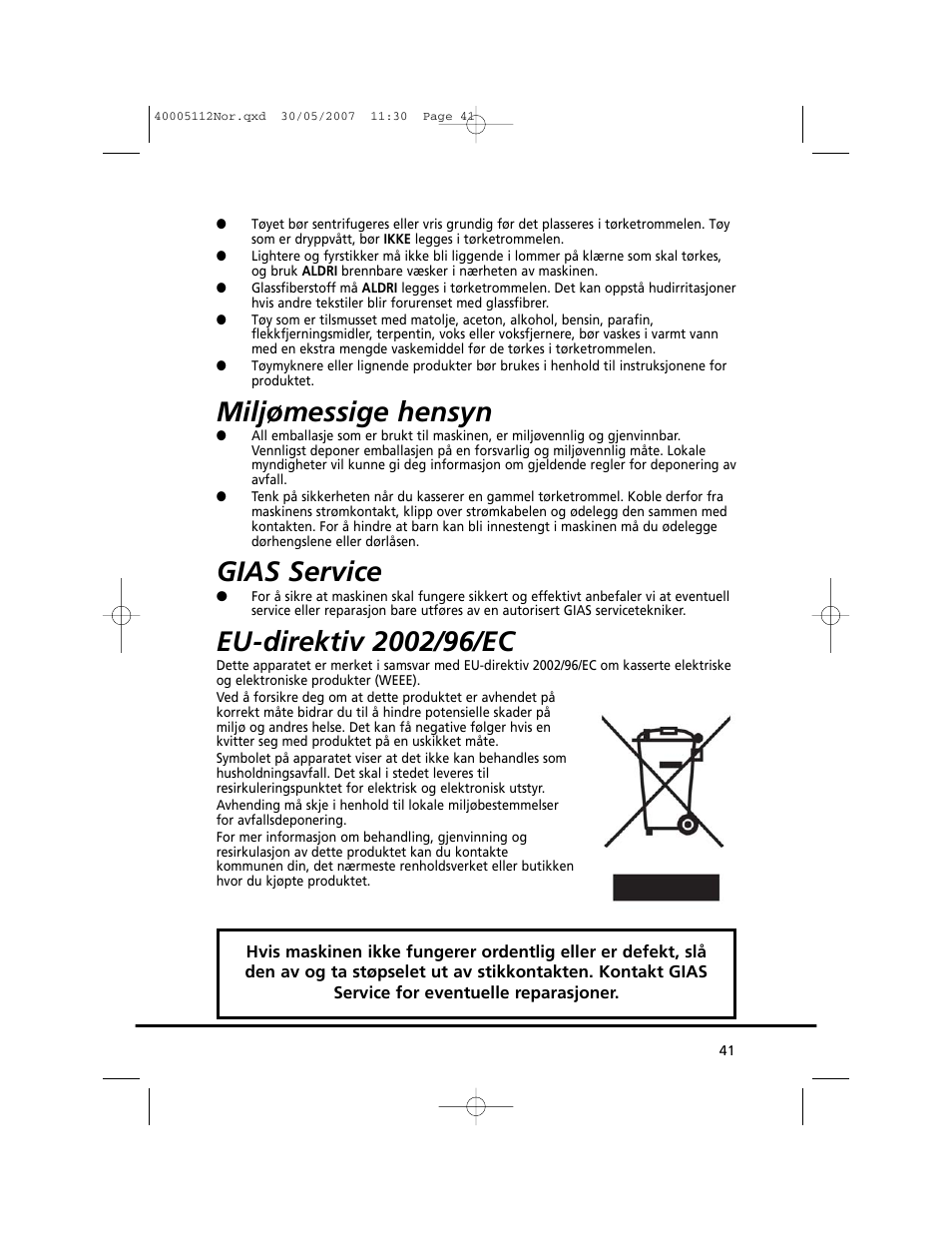 Miljømessige hensyn, Gias service | Candy GO DC 38T-86S User Manual | Page 41 / 92