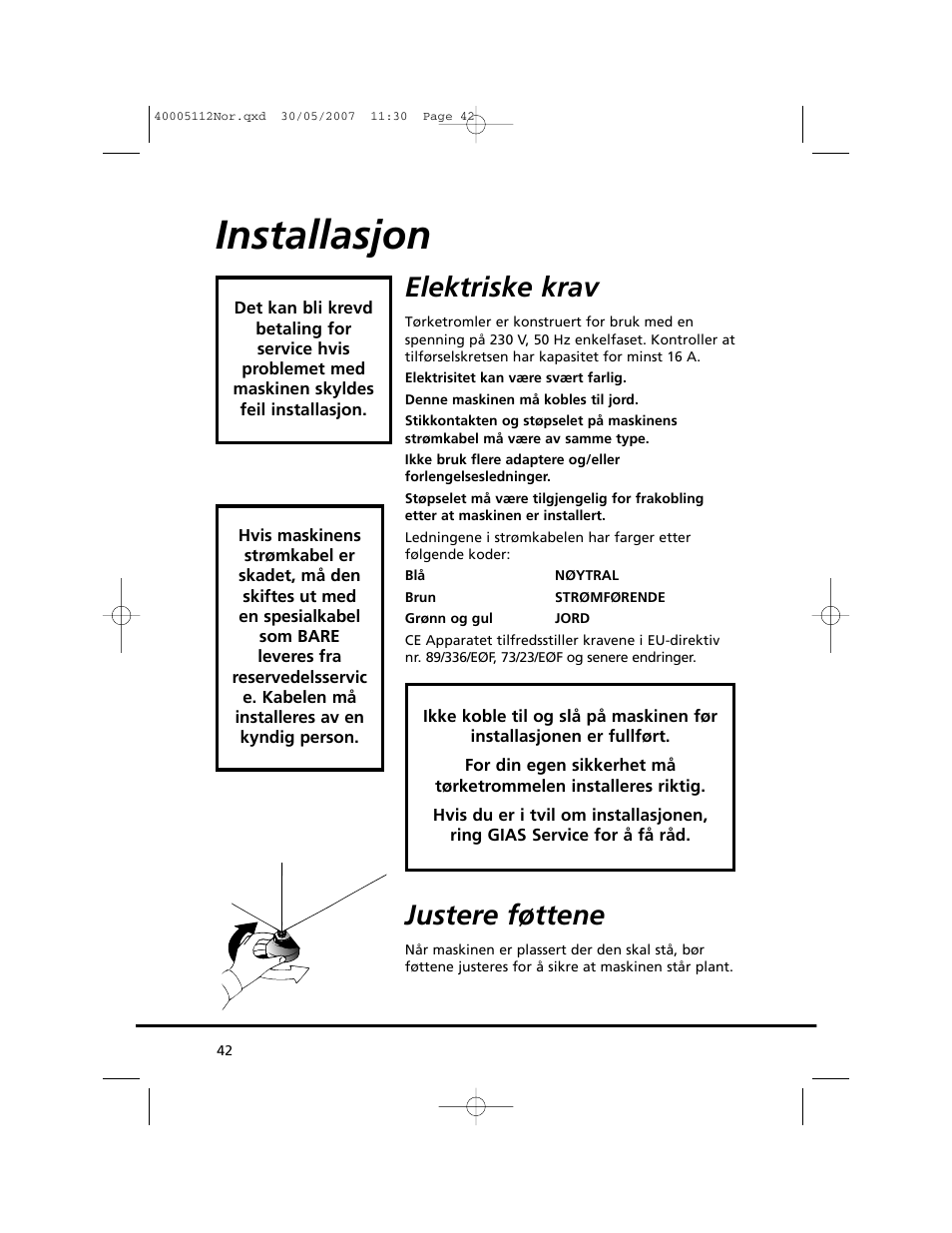 Installasjon, Elektriske krav, Justere føttene | Candy GO DC 38T-86S User Manual | Page 42 / 92