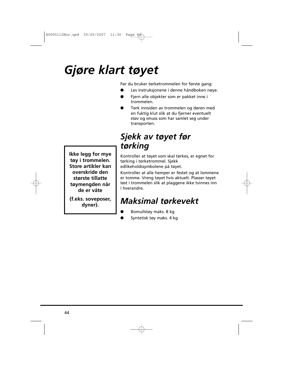 Gjøre klart tøyet, Sjekk av tøyet før tørking, Maksimal tørkevekt | Candy GO DC 38T-86S User Manual | Page 44 / 92