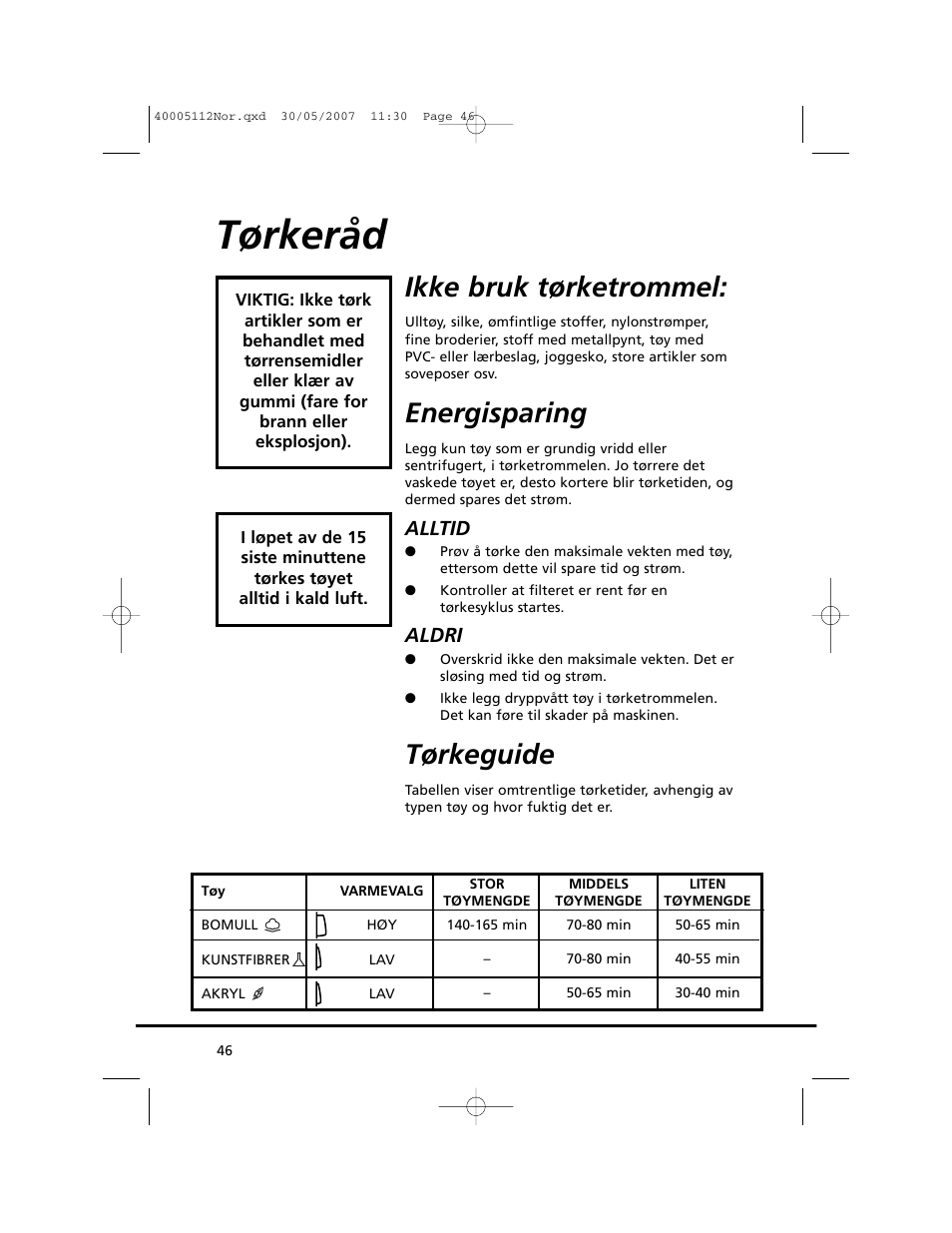 Tørkeråd, Ikke bruk tørketrommel, Energisparing | Tørkeguide, Alltid, Aldri | Candy GO DC 38T-86S User Manual | Page 46 / 92