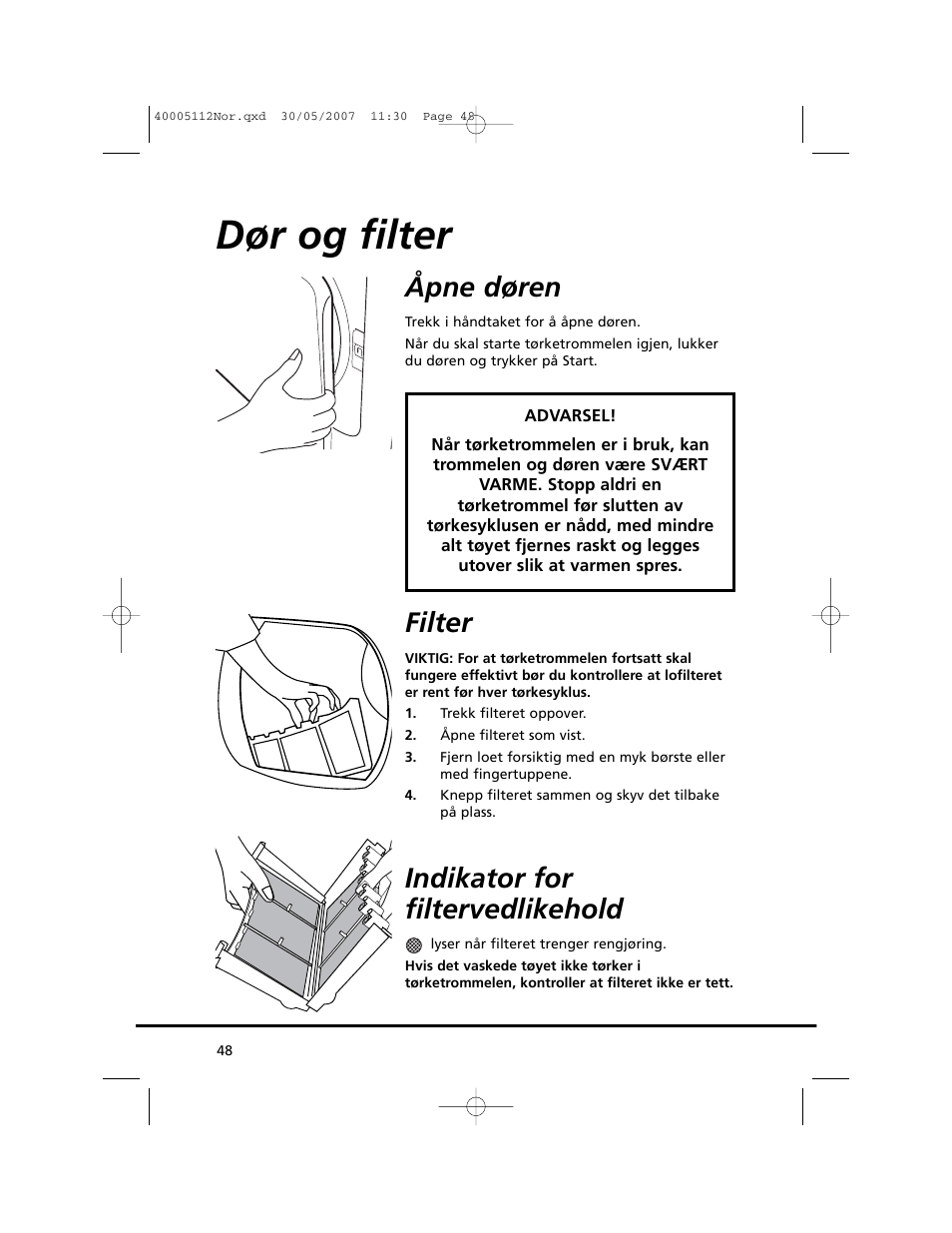 Dør og filter, Åpne døren, Filter | Indikator for filtervedlikehold | Candy GO DC 38T-86S User Manual | Page 48 / 92