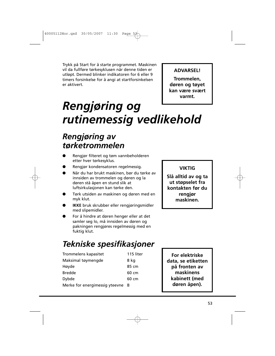 Rengjøring og rutinemessig vedlikehold, Rengjøring av tørketrommelen, Tekniske spesifikasjoner | Candy GO DC 38T-86S User Manual | Page 53 / 92