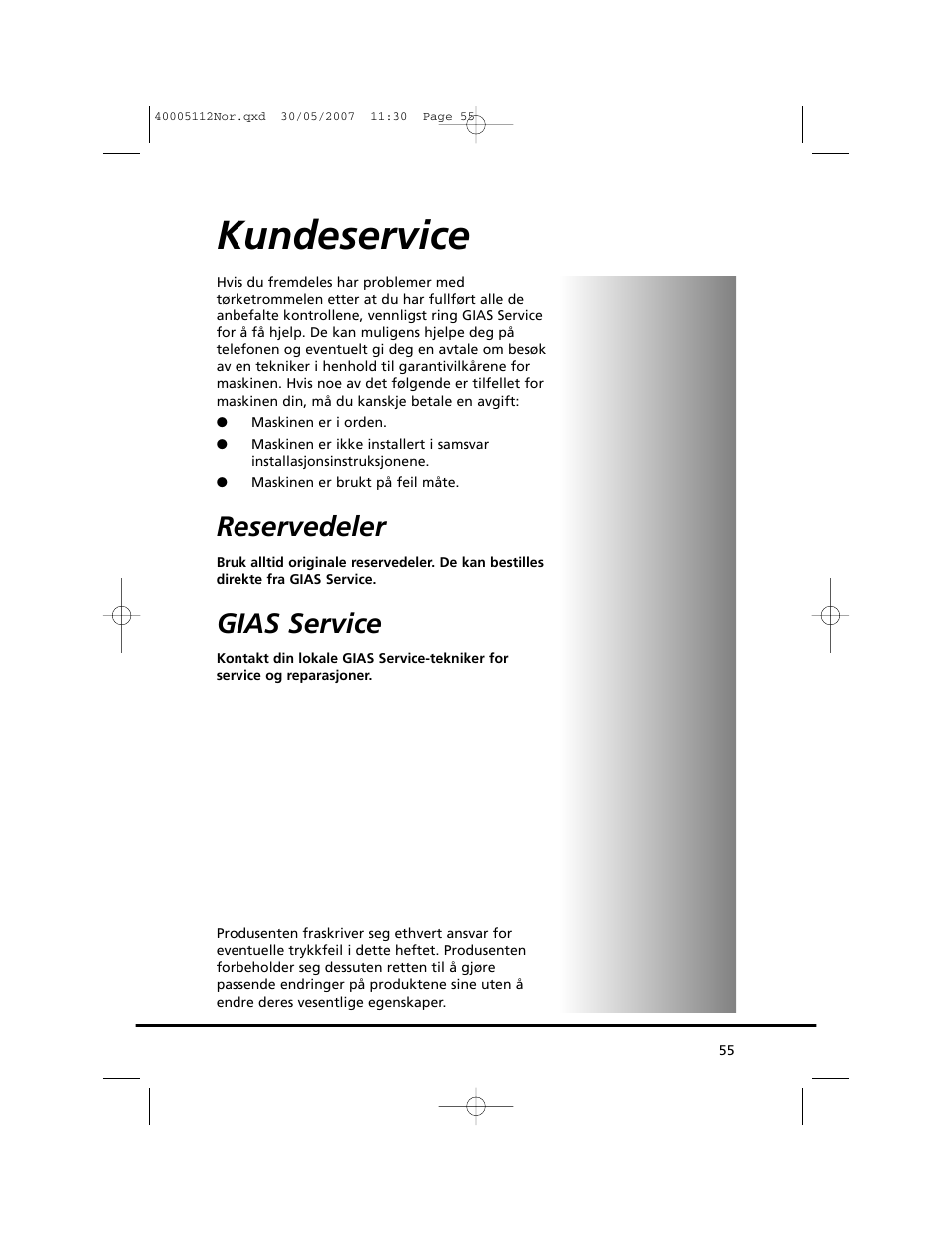 Kundeservice, Reservedeler, Gias service | Candy GO DC 38T-86S User Manual | Page 55 / 92