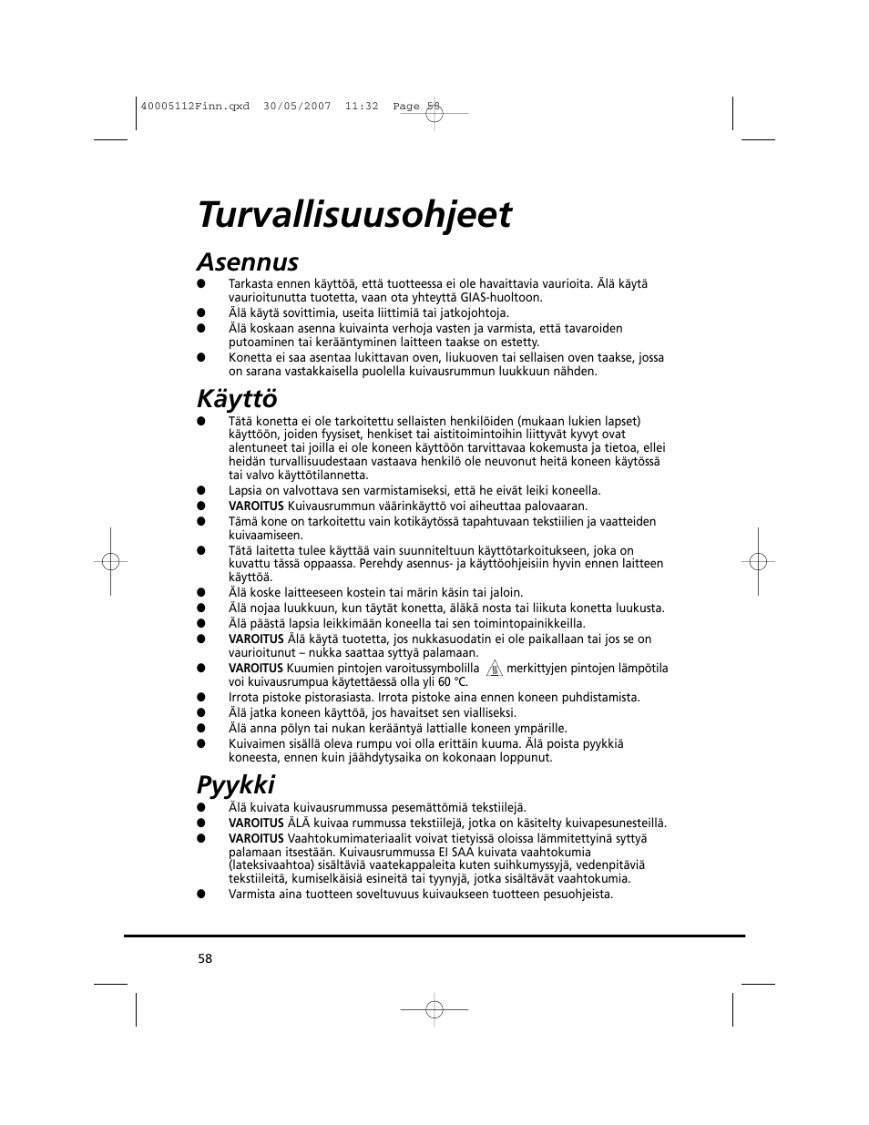 Turvallisuusohjeet, Asennus, Käyttö | Pyykki | Candy GO DC 38T-86S User Manual | Page 58 / 92