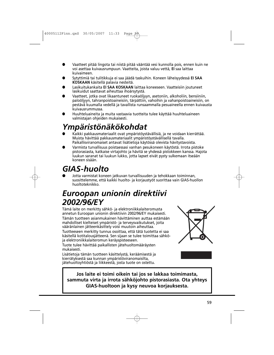 Ympäristönäkökohdat, Gias-huolto | Candy GO DC 38T-86S User Manual | Page 59 / 92