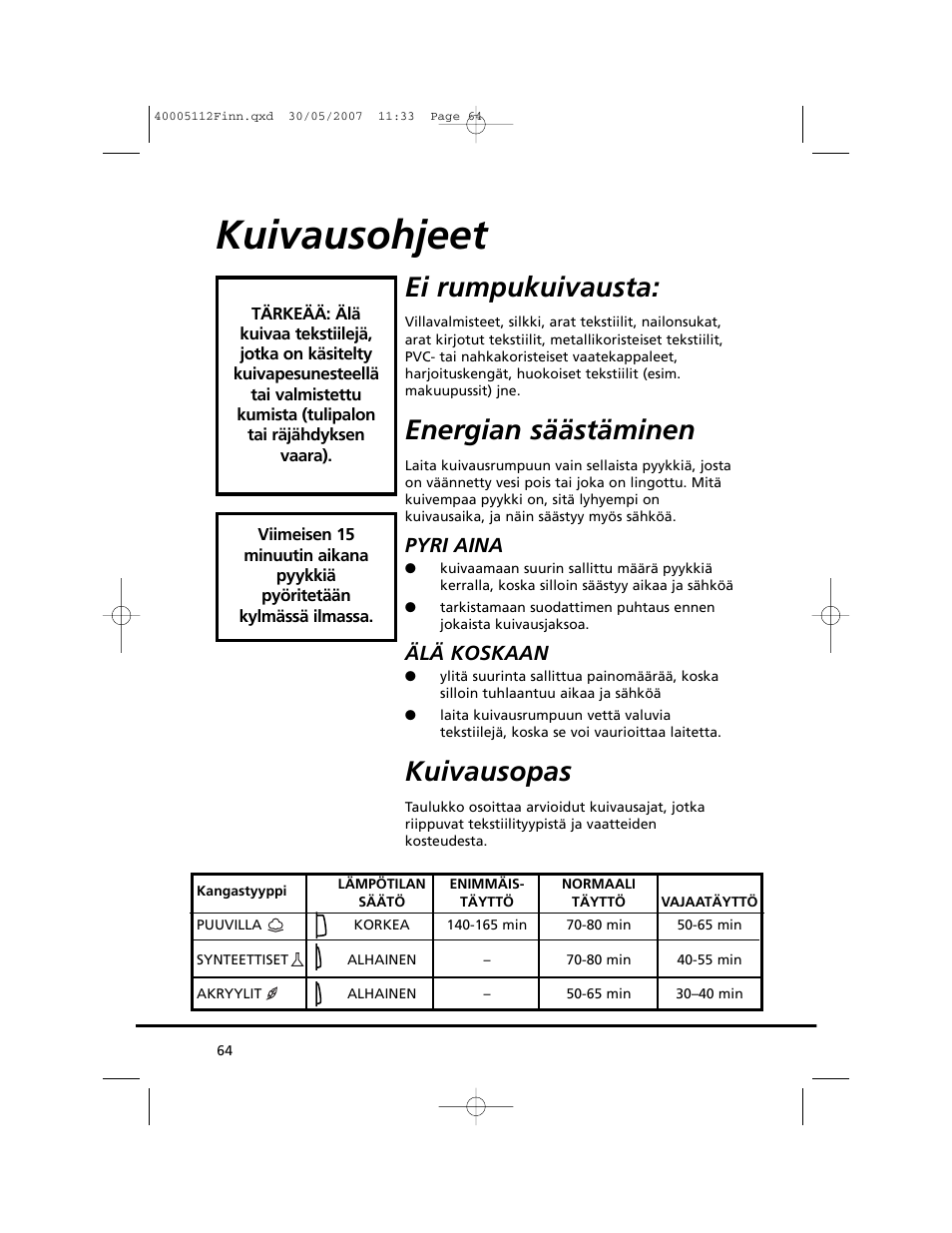 Kuivausohjeet, Ei rumpukuivausta, Energian säästäminen | Kuivausopas, Pyri aina, Älä koskaan | Candy GO DC 38T-86S User Manual | Page 64 / 92