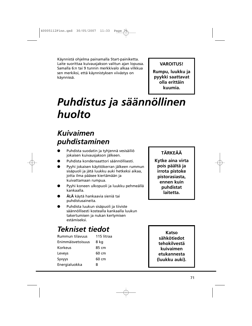Puhdistus ja säännöllinen huolto, Kuivaimen puhdistaminen, Tekniset tiedot | Candy GO DC 38T-86S User Manual | Page 71 / 92