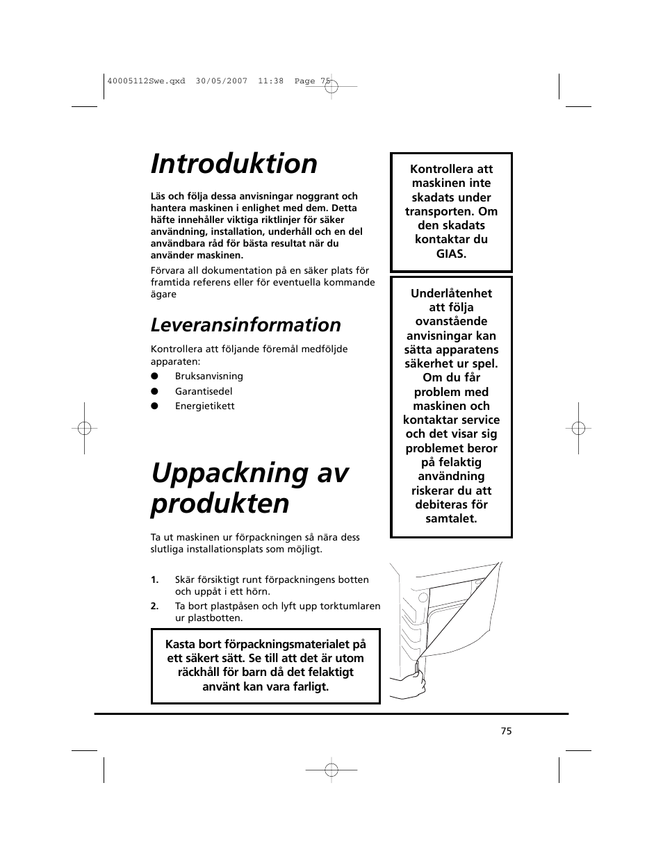 Introduktion, Uppackning av produkten, Leveransinformation | Candy GO DC 38T-86S User Manual | Page 75 / 92