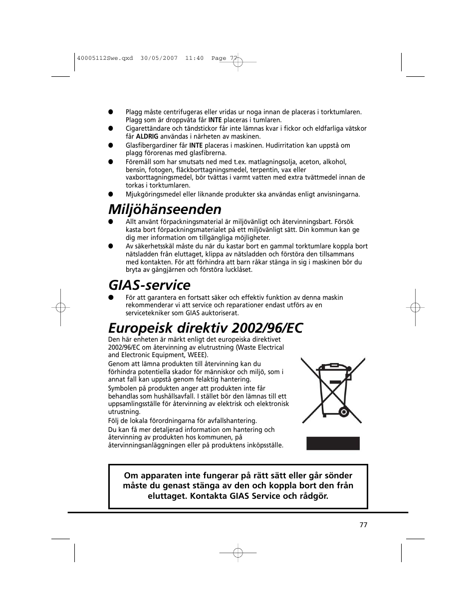 Miljöhänseenden, Gias-service | Candy GO DC 38T-86S User Manual | Page 77 / 92