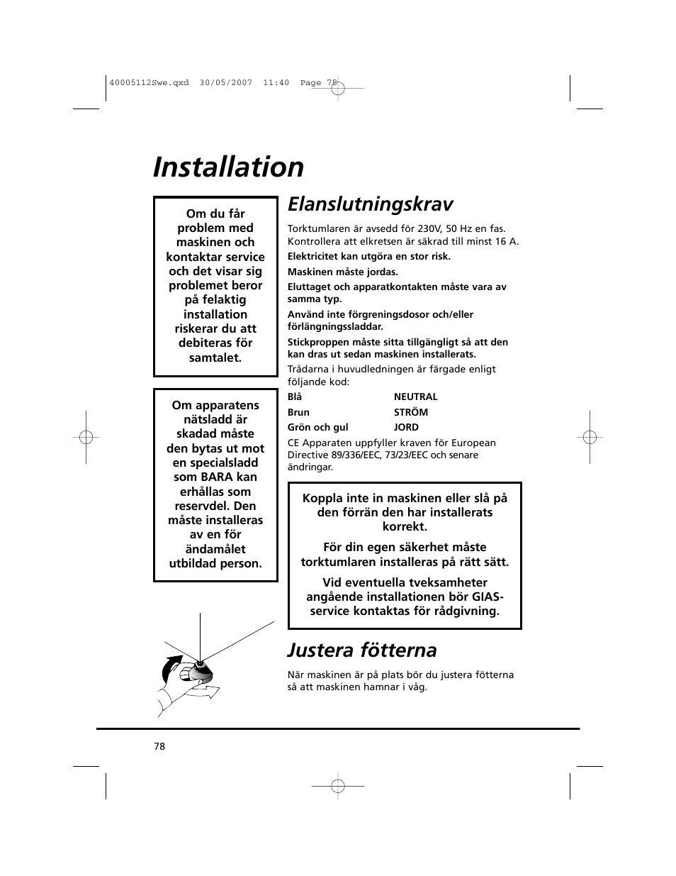 Installation, Elanslutningskrav, Justera fötterna | Candy GO DC 38T-86S User Manual | Page 78 / 92