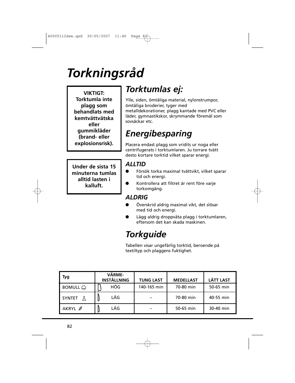 Torkningsråd, Torktumlas ej, Energibesparing | Torkguide, Alltid, Aldrig | Candy GO DC 38T-86S User Manual | Page 82 / 92