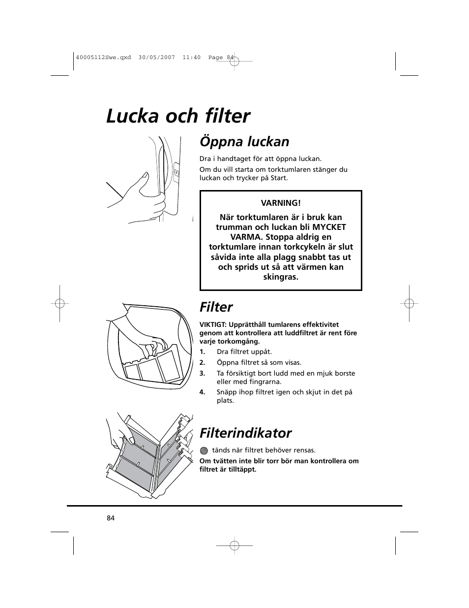 Lucka och filter, Öppna luckan, Filter | Filterindikator | Candy GO DC 38T-86S User Manual | Page 84 / 92