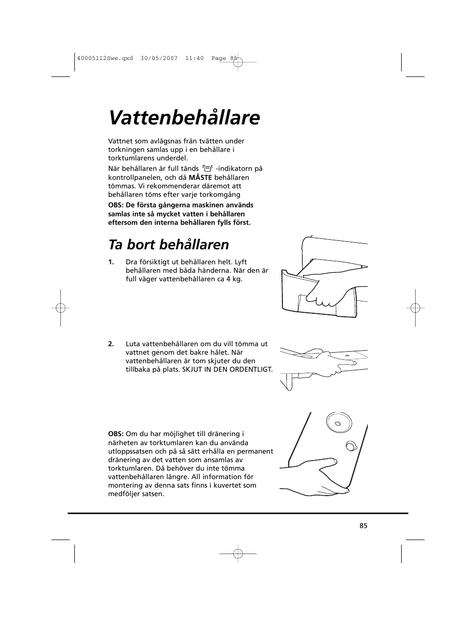 Vattenbehållare, Ta bort behållaren | Candy GO DC 38T-86S User Manual | Page 85 / 92