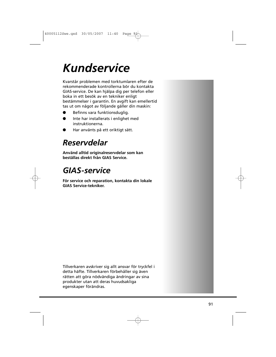 Kundservice, Reservdelar, Gias-service | Candy GO DC 38T-86S User Manual | Page 91 / 92