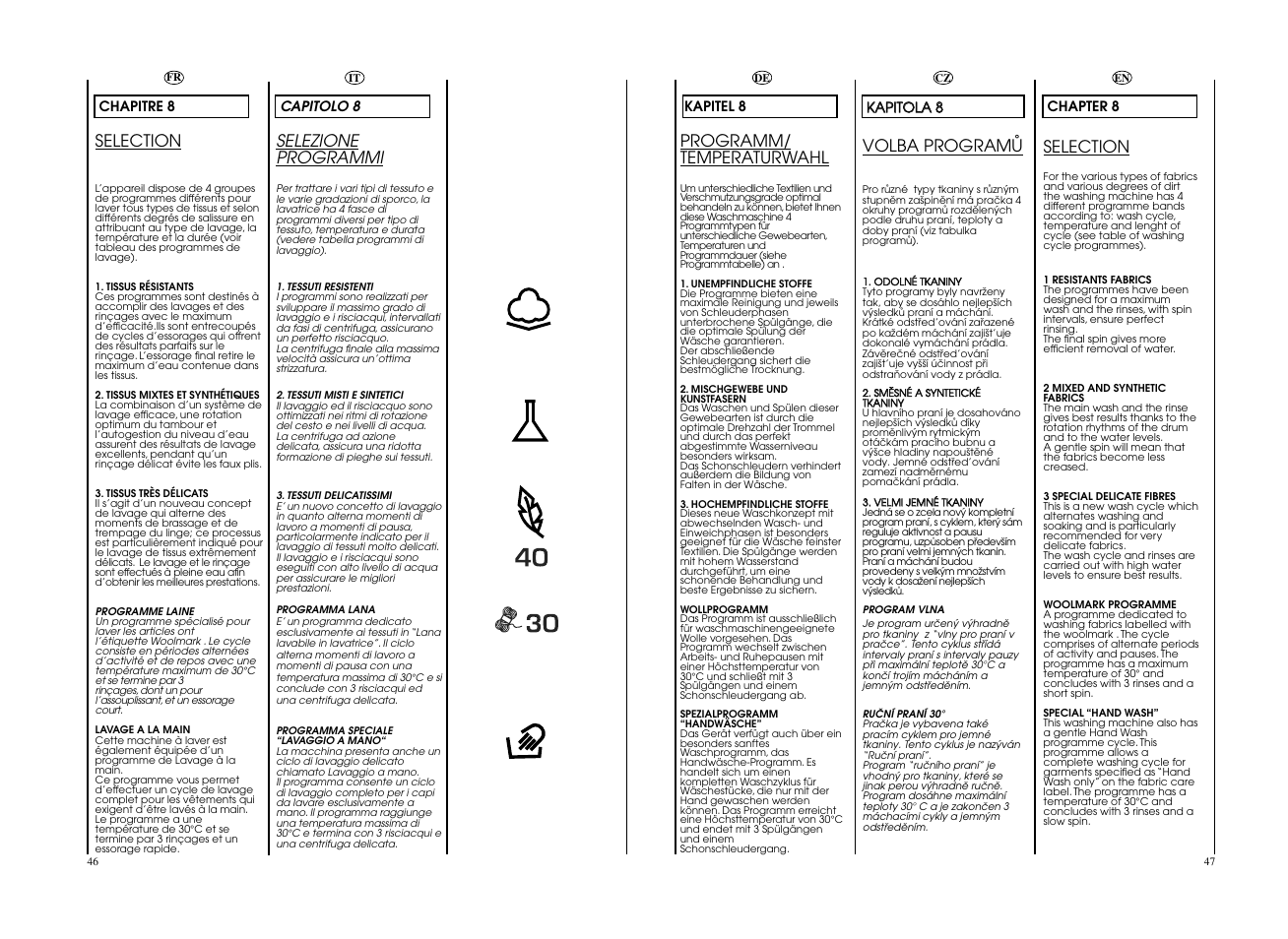 Selezione programmi, Selection, Programm/ temperaturwahl | Volba programå | Candy CO 107F__L1-S User Manual | Page 24 / 41