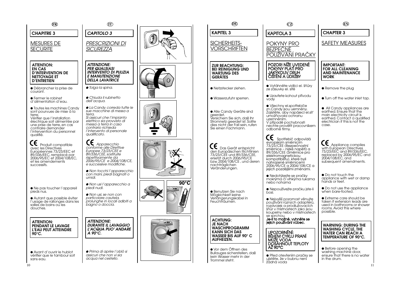 Prescrizioni di sicurezza, Mesures de securite, Sicherheits- vorschriften | Safety measures, Pokyny pro bezpeöné pouïívání praöky | Candy CO 107F__L1-S User Manual | Page 6 / 41