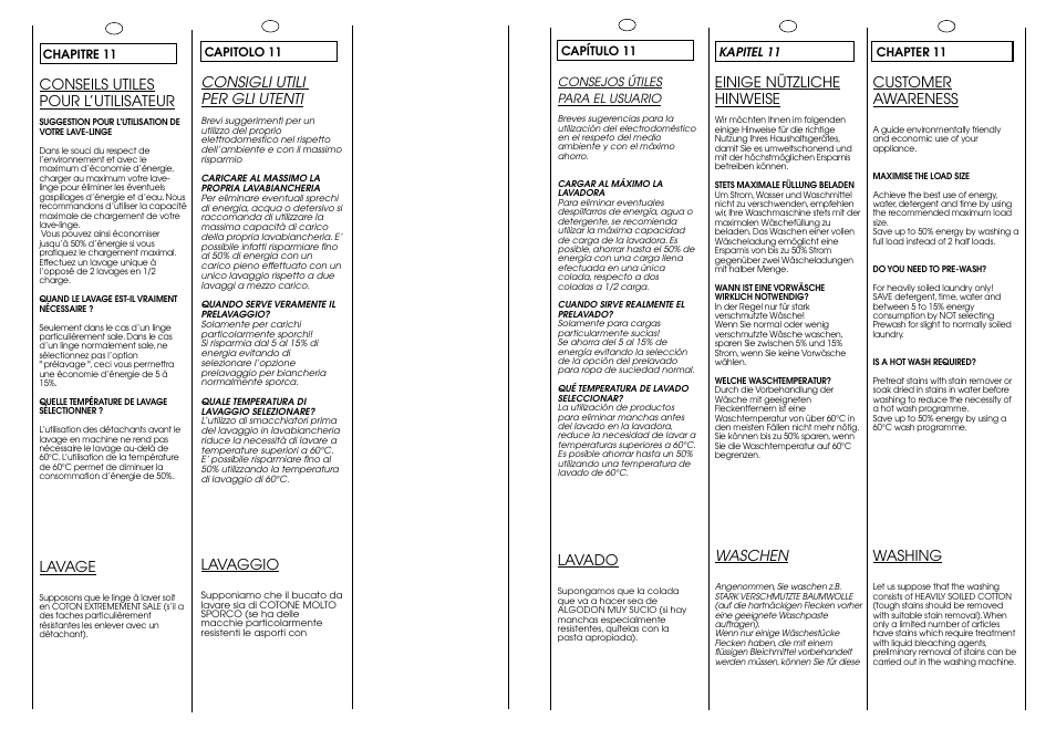 Conseils utiles pour l’utilisateur, Lavage, Einige nützliche hinweise | Waschen, Customer awareness, Washing, Consigli utili per gli utenti, Lavaggio, Lavado | Candy ICL 60 T User Manual | Page 25 / 33