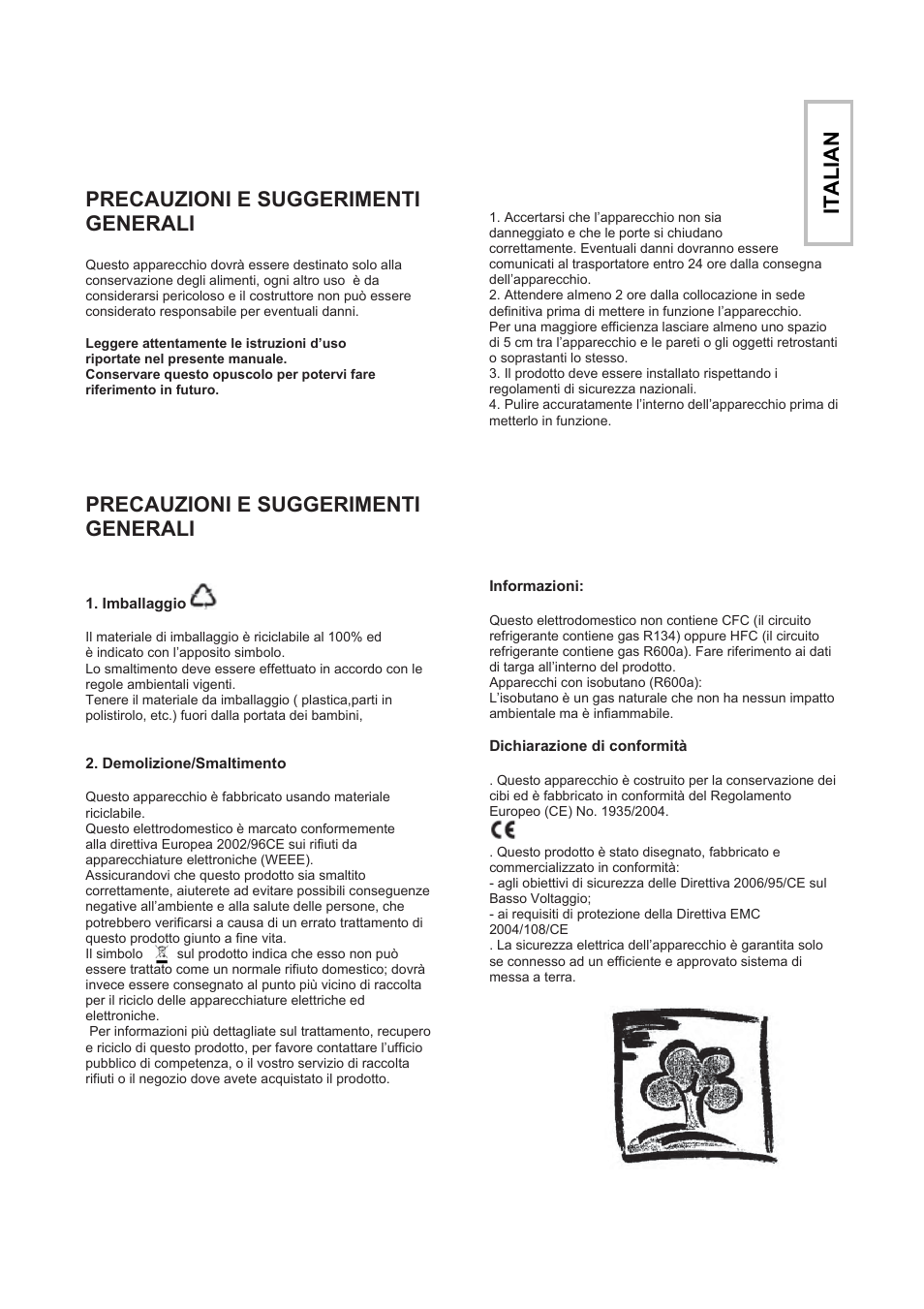 Precauzioni e suggerimenti generali, Italia n | Candy CFZE 5485 W User Manual | Page 8 / 87