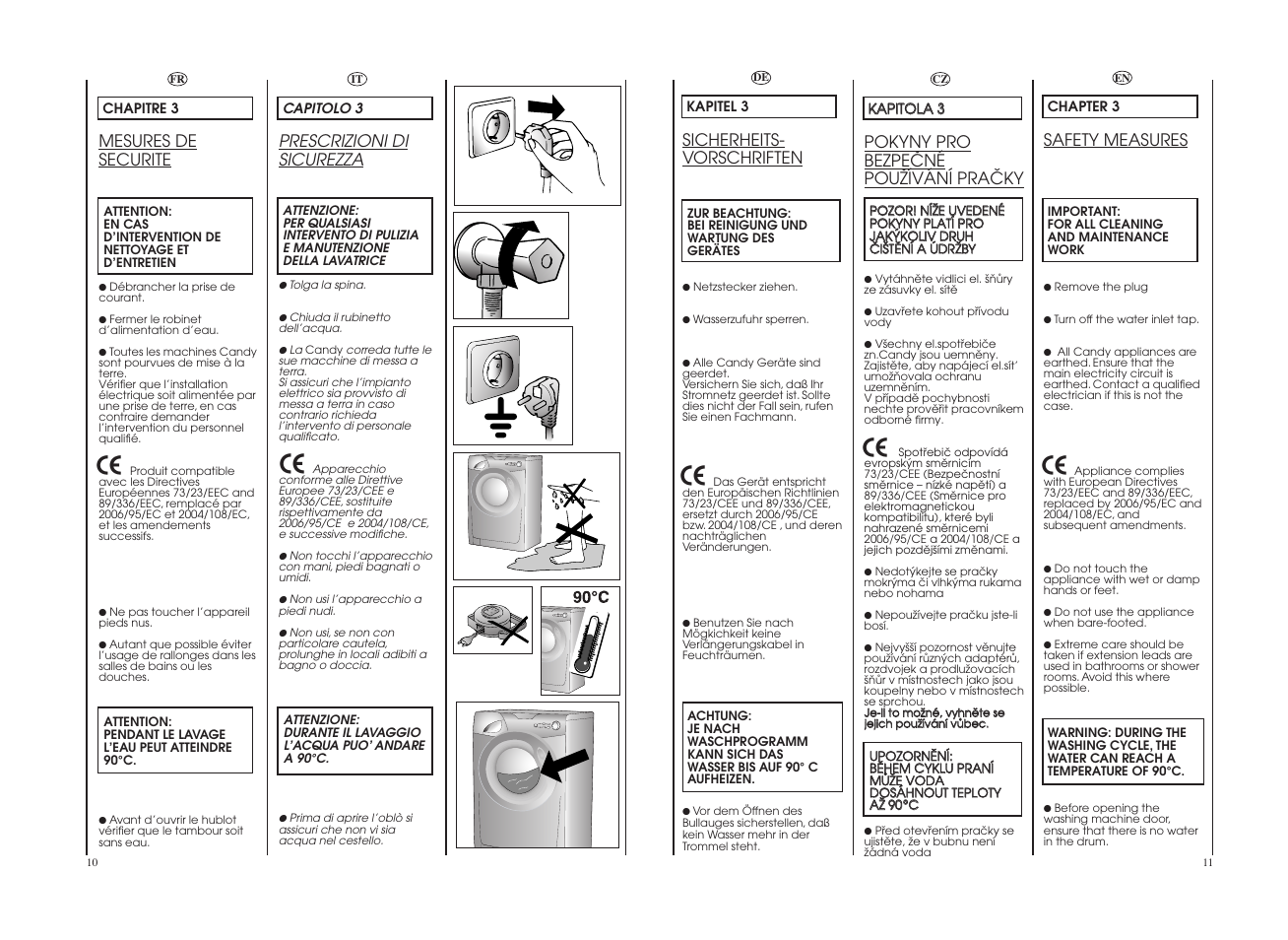 Prescrizioni di sicurezza, Mesures de securite, Sicherheits- vorschriften | Safety measures, Pokyny pro bezpeöné pouïívání praöky | Candy GO F126-01S User Manual | Page 6 / 41