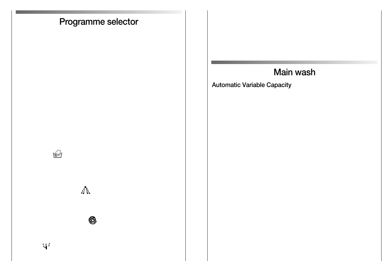 Programme selector, Main wash | Candy LB DOUBLE QUICK 131 User Manual | Page 7 / 17