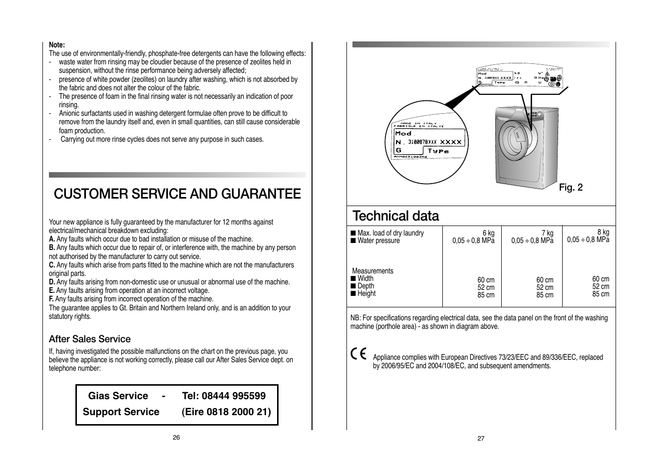 Technical data, Customer service and guarantee | Candy GOF662S__L1-80 User Manual | Page 14 / 17