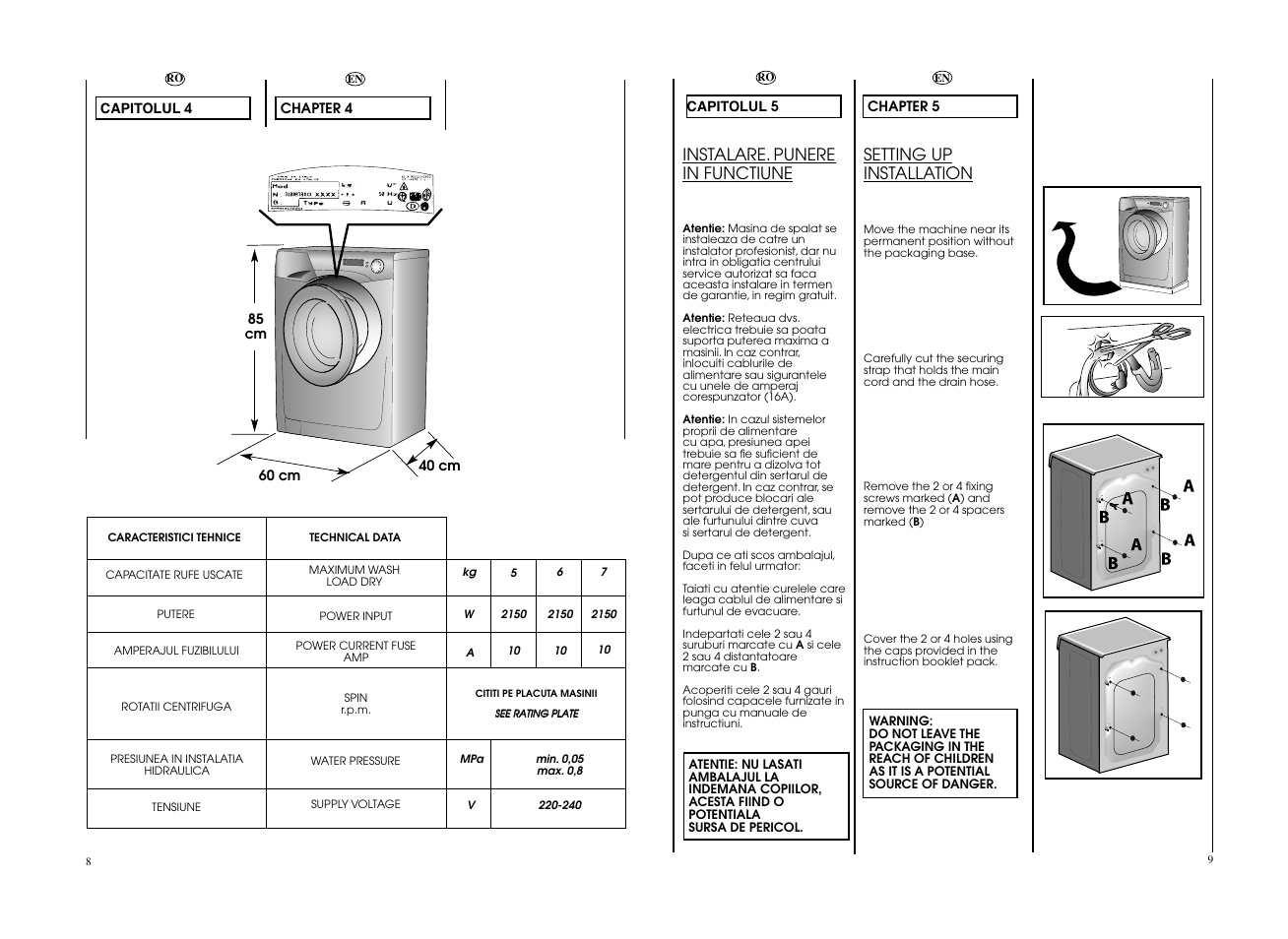 Setting up installation, Instalare. punere in functiune | Candy EVO4 1072D-S User Manual | Page 5 / 21