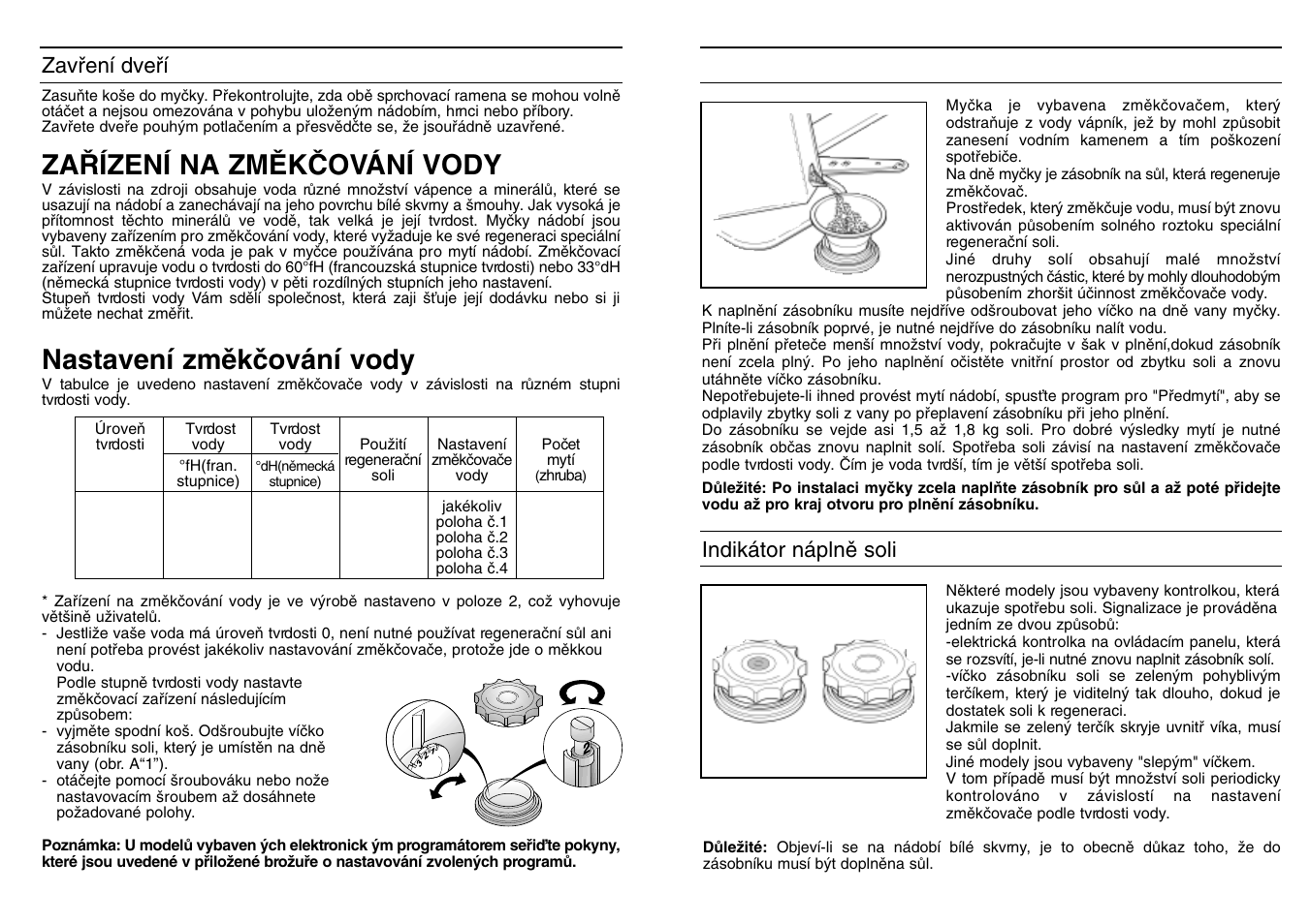 Nastavení zmûkãování vody, Za¤ízení na zmùkâování vody, Dávkování soli | Indikátor náplnû soli, Zavﬁení dveﬁí | Candy LS CD 602 SX User Manual | Page 47 / 65