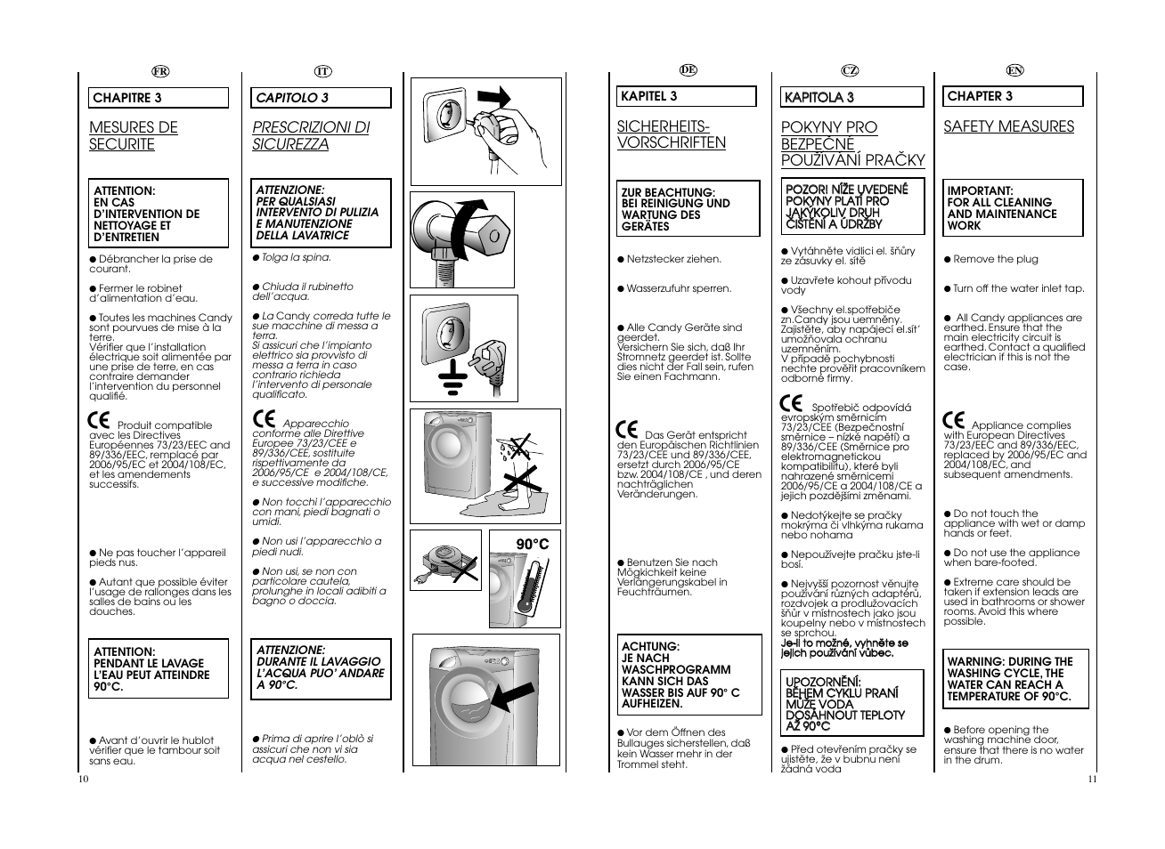 Prescrizioni di sicurezza, Mesures de securite, Sicherheits- vorschriften | Safety measures, Pokyny pro bezpeöné pouïívání praöky | Candy GO 127DF__L1-S User Manual | Page 6 / 41
