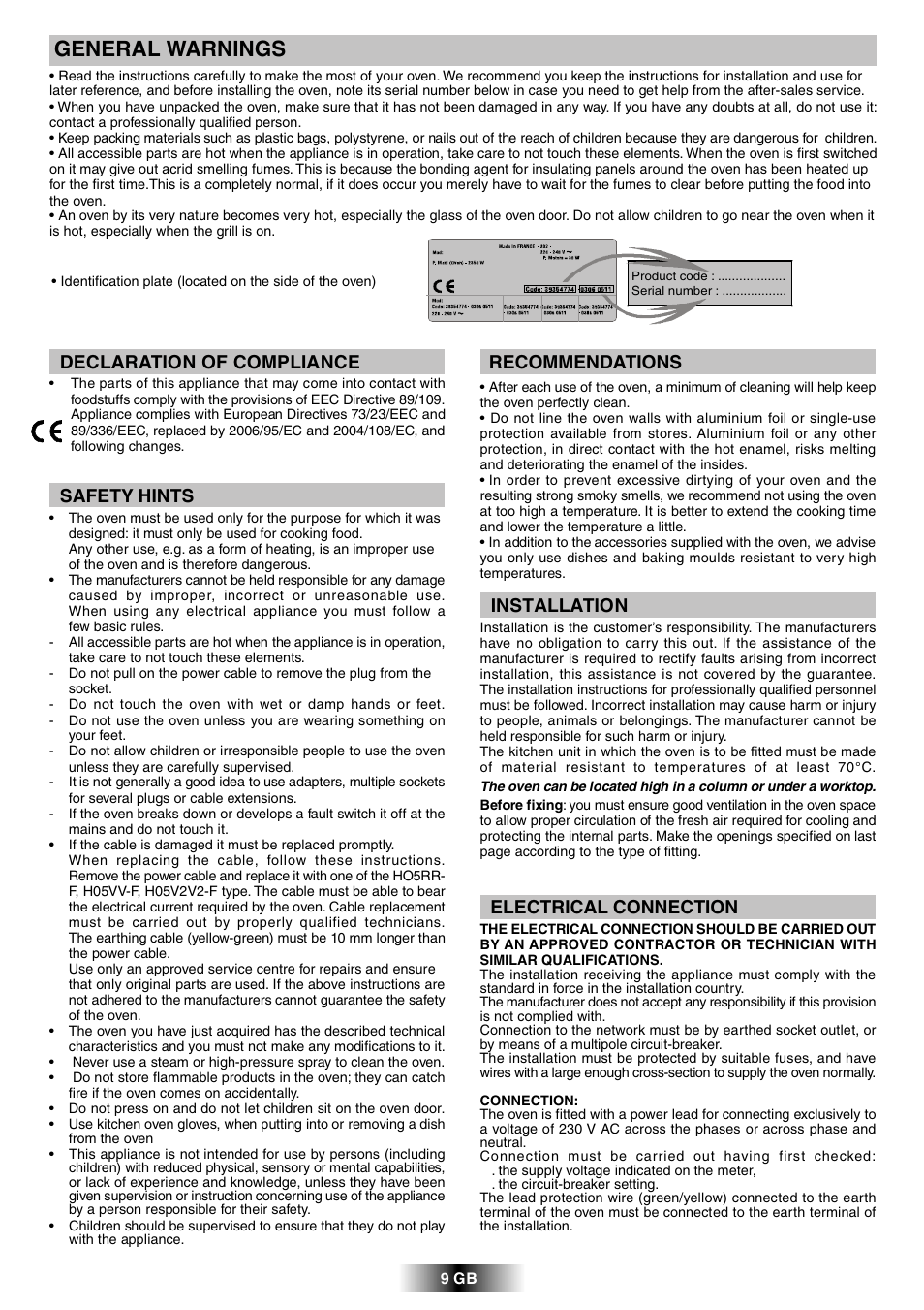 General warnings, Recommendations, Installation | Electrical connection, Safety hints, Declaration of compliance | Candy FPP 698 X User Manual | Page 10 / 52