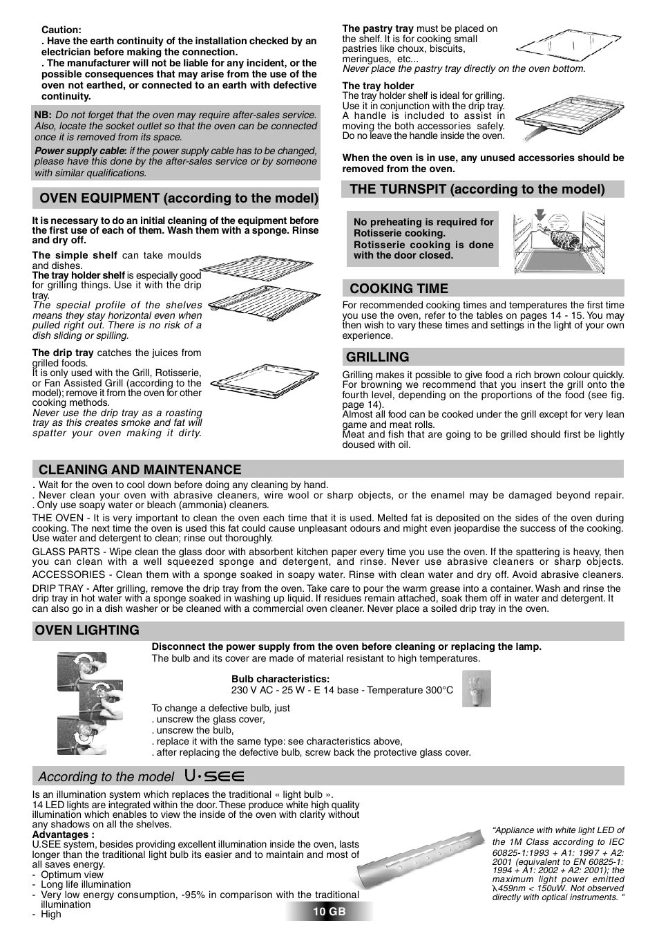 Oven equipment (according to the model), Cleaning and maintenance, Oven lighting | Grilling, Cooking time, The turnspit (according to the model), According to the model | Candy FPP 698 X User Manual | Page 11 / 52