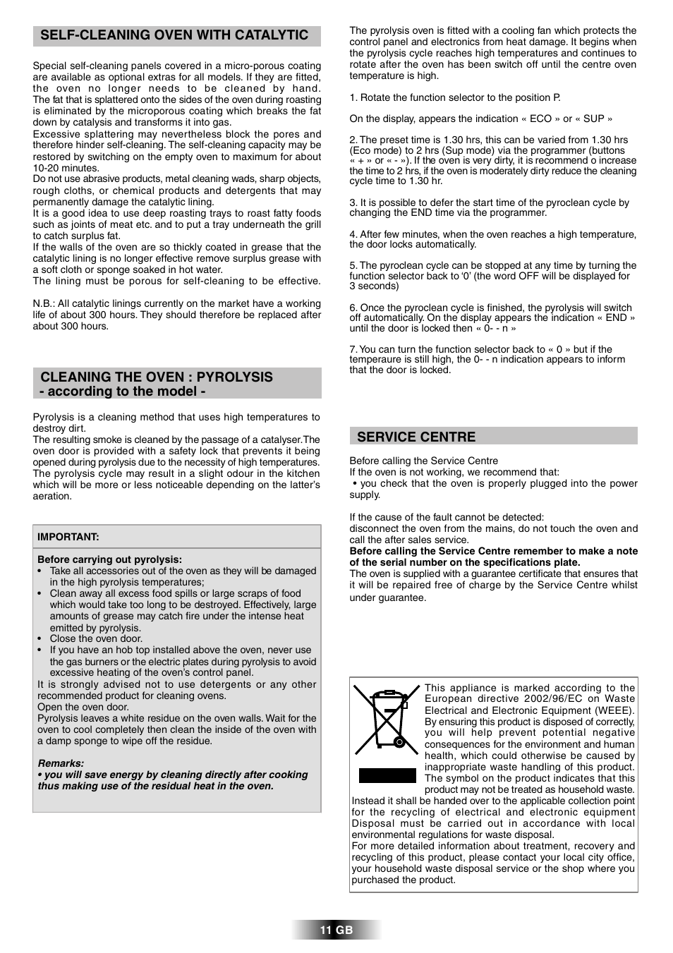 Self-cleaning oven with catalytic, Service centre | Candy FPP 698 X User Manual | Page 12 / 52