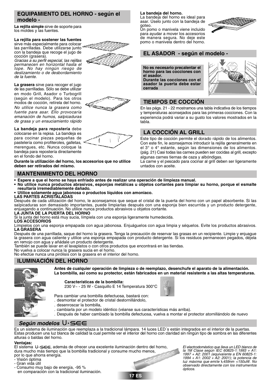 Tiempos de cocción, El asador - según el modelo, Mantenimiento del horno | Iluminación del horno, Según modelos | Candy FPP 698 X User Manual | Page 18 / 52