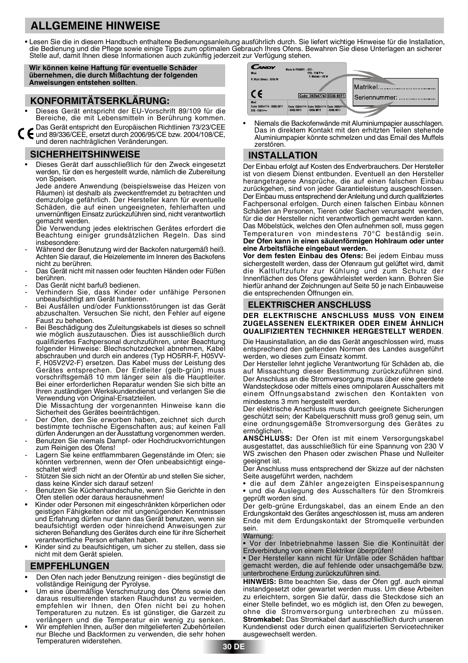 Allgemeine hinweise, Konformitätserklärung, Sicherheitshinweise | Empfehlungen, Installation | Candy FPP 698 X User Manual | Page 31 / 52