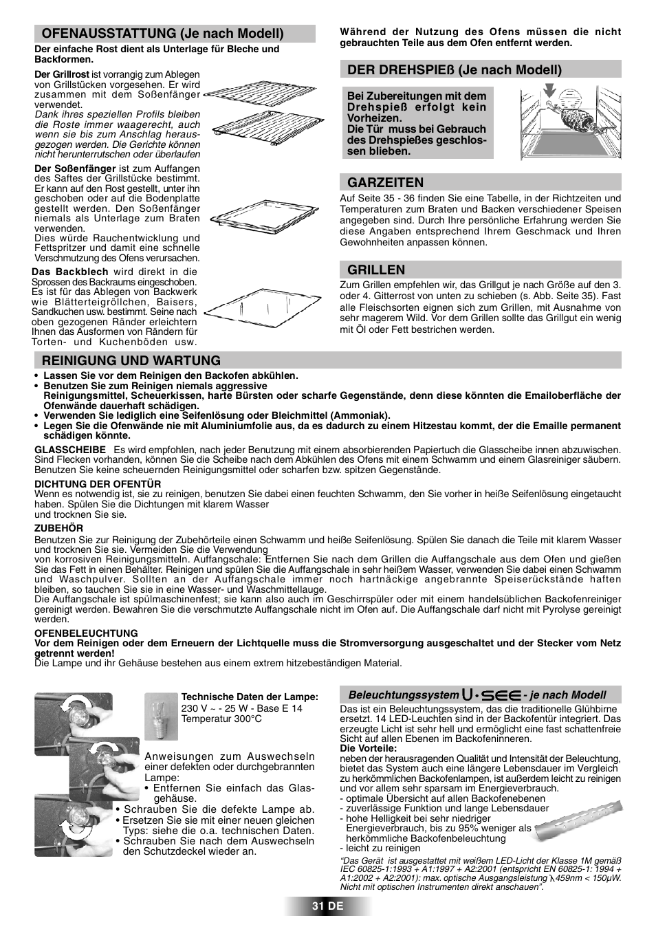 Reinigung und wartung, Grillen, Garzeiten | Der drehspieß (je nach modell), Ofenausstattung (je nach modell) | Candy FPP 698 X User Manual | Page 32 / 52