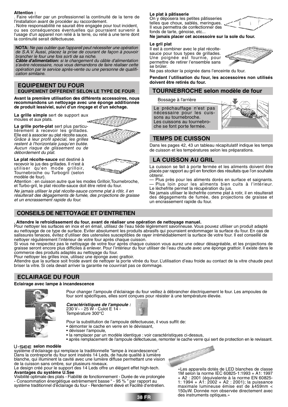 Conseils de nettoyage et d’entretien, Eclairage du four, La cuisson au gril | Temps de cuisson | Candy FPP 698 X User Manual | Page 39 / 52