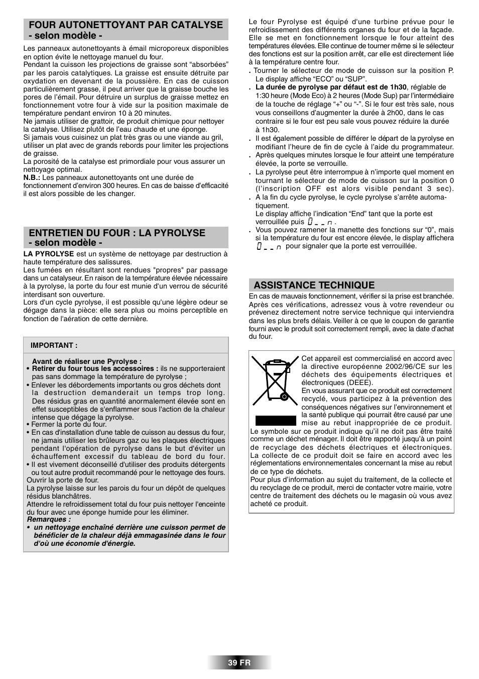 Assistance technique, Four autonettoyant par catalyse - selon modèle, Entretien du four : la pyrolyse - selon modèle | Candy FPP 698 X User Manual | Page 40 / 52