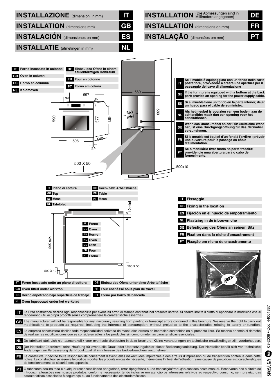 Installazione, It installation de, Installation | Fr instalacao, Pt installation, Gb instalacion, Es installatie | Candy FPP 698 X User Manual | Page 52 / 52