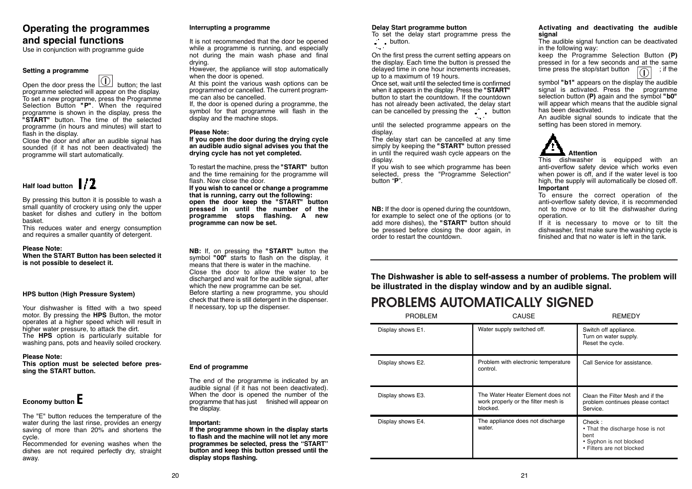 Problems automatically signed, Operating the programmes and special functions | Candy DFI 105 T User Manual | Page 11 / 49