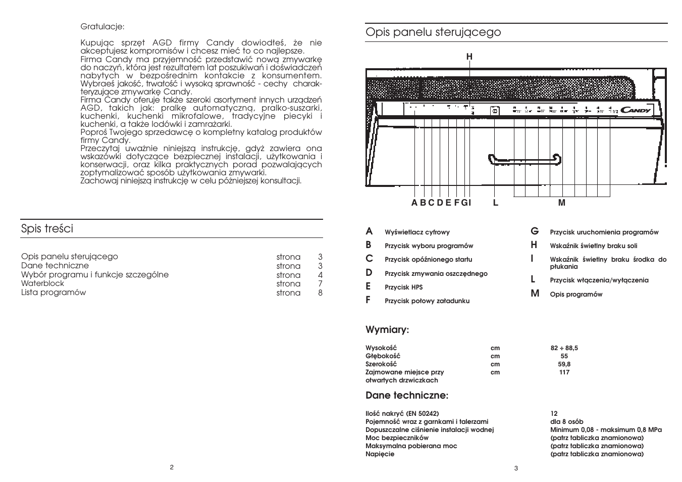 Spis treêci, Opis panelu sterujàcego | Candy DFI 105 T User Manual | Page 2 / 49