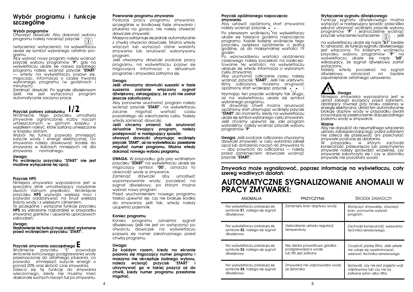 Wybór programu i funkcje szczególne | Candy DFI 105 T User Manual | Page 3 / 49