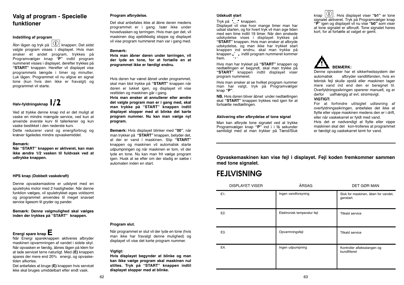 Fejlvisning, Valg af program - specielle funktioner | Candy DFI 105 T User Manual | Page 32 / 49